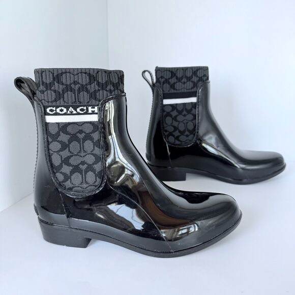 NWOB COACH Rivington Signature Knit Waterproof Chelsea Rain Boot in Black Size 5 - Picture 7 of 13